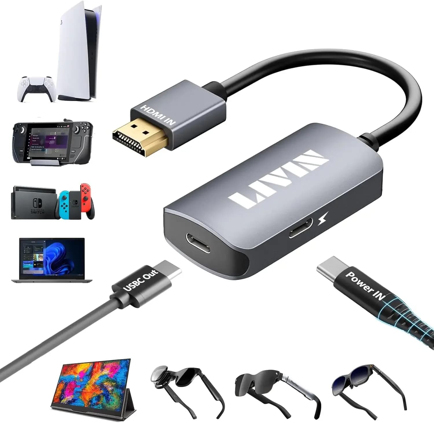 LIVIN Adattatore da HDMI a USB C Monitor portatile, occhiali AR XREAL/VITURE/RayNeo/Rokid, 【Porta 4K@60Hz+PD】