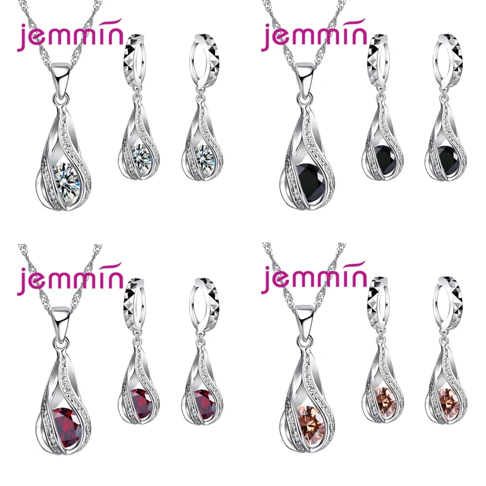 Set di gioielli in cristallo bianco classico romantico a forma di goccia in argento sterling 925 con orecchini a cerchio con pendente a forma di onda d'acqua