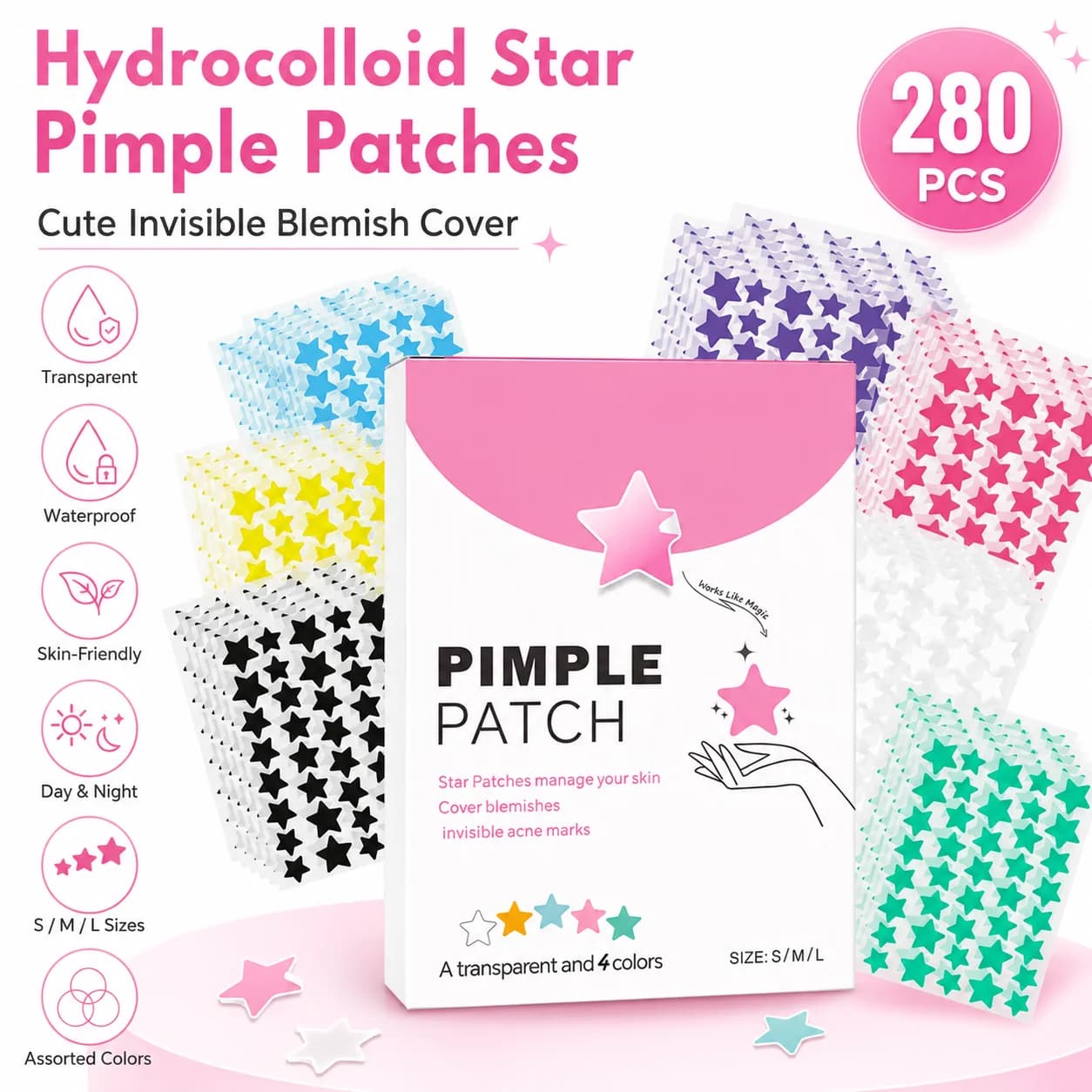 280 star-shaped hydrocolloidal patches for the face, absorbent cover, with tea tree, hydrocolloidal patches for acne, nice star-shaped patches for pimples