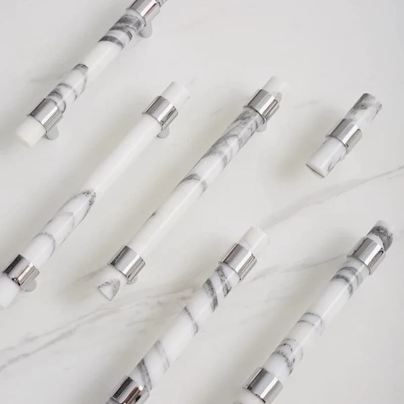 Natural White/Black Marble + Solid Brass Silver Shiny Chrome Long Handle Furniture Wardrobe Handles Shoe Cabinet Drawer Knobs