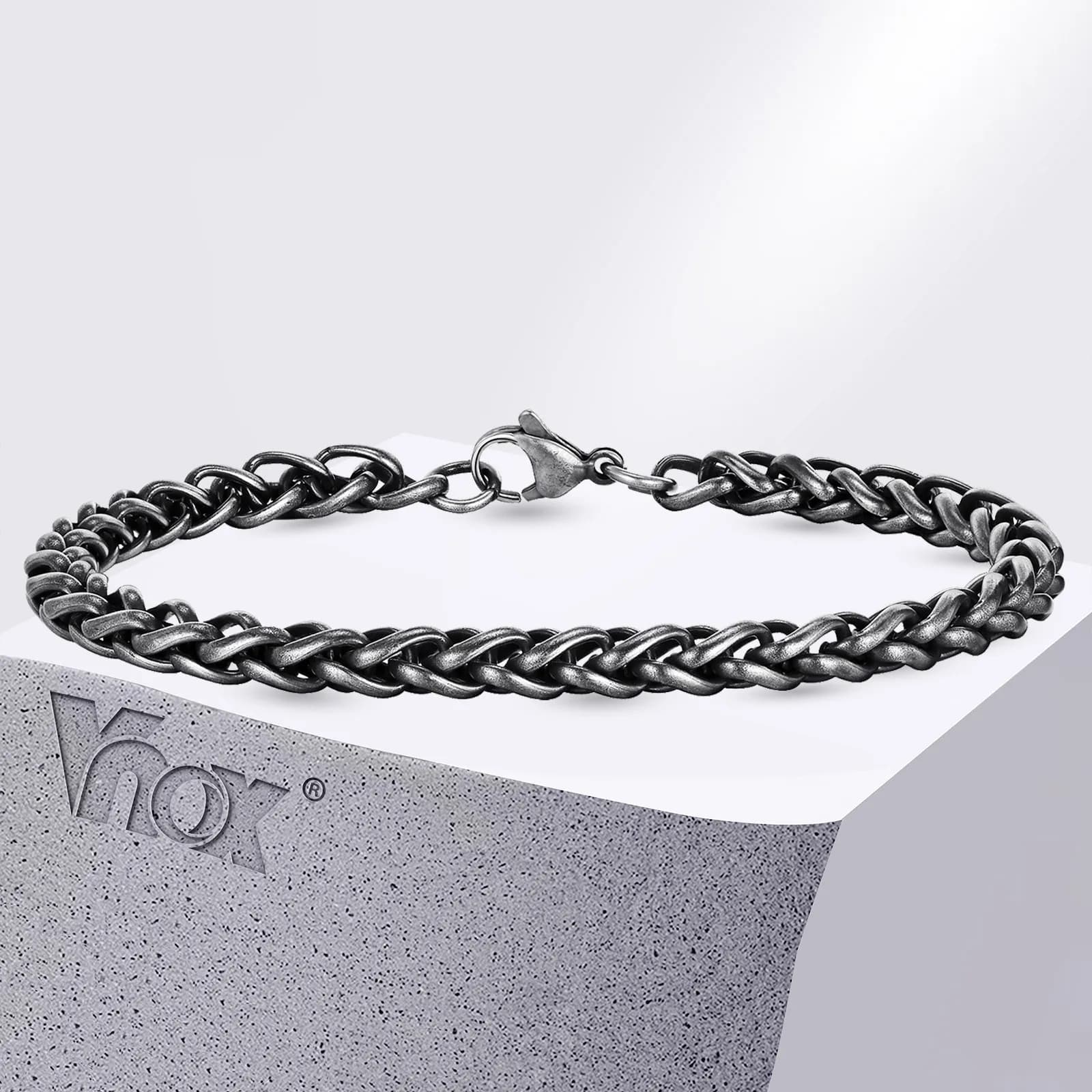 Vnox Retro Round Interlocked Cuban Link Chain Bracelets, Mens Antique Stainless Steel Wristband, Wheat Spiga Chain Jewelry