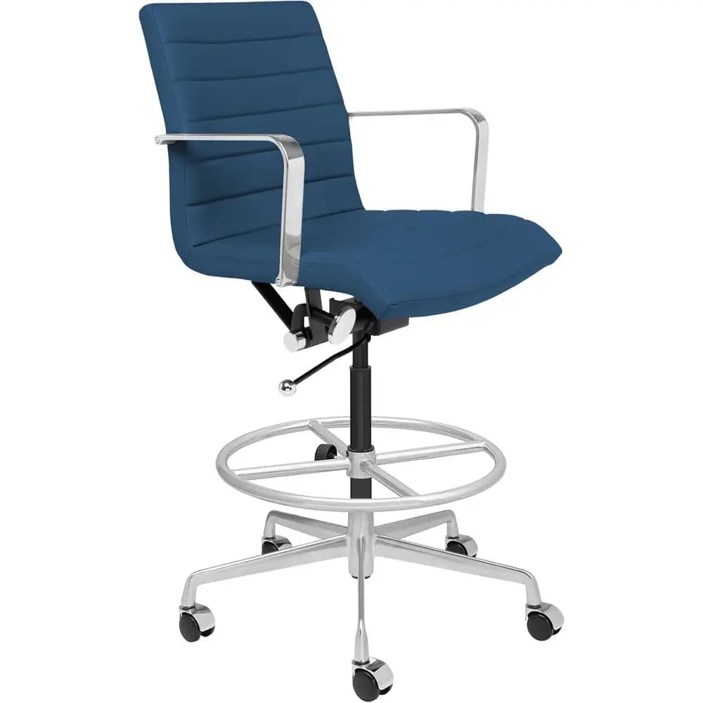 Sedia ergonomica a coste per scrivania o postazione di lavoro in piedi, con altezza regolabile, braccioli e cuscino, in similpelle blu