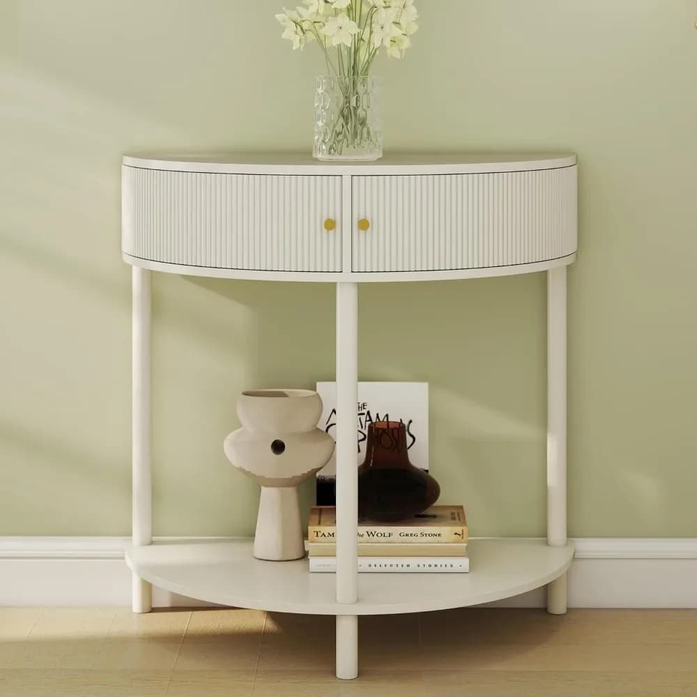Consolle a Mezzaluna in Rattan con Vano Contenitore, Gambe in Legno Massello per Ingresso, Soggiorno, Camera da Letto