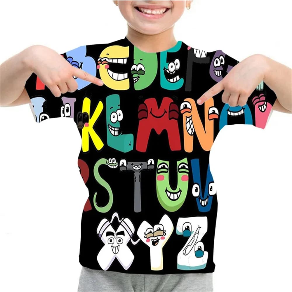 Estate Bambini Bella Stampa T-shirt Manica corta Y2k Alfabeto Lore Studenti della scuola materna T-shirt casual Ragazzi Cartoon Divertente T-shirt