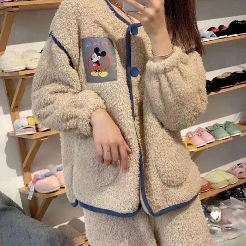 Set Pigiama Stile Cardigan in Pile Beige con Stampa Mickey e Bordi Blu, Caldo e Comodo, Moda Estetica Y2K, Abbigliamento per il Relax