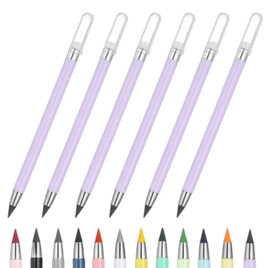 Forever Pencil, 6 Pcs Mechanical Sharpened Cute Metal Pencils Set for Coloring Book Sketch Drawing Writing Art Beginner