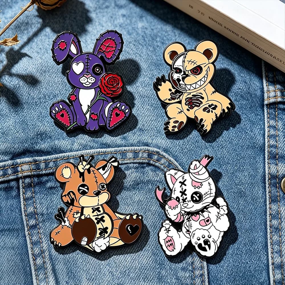 4pcs/set Creative Horror Stitching Bear Cartoon Brooches Metal Badge for Bag Clothing Backpack Personalized Decoration Pins Gift