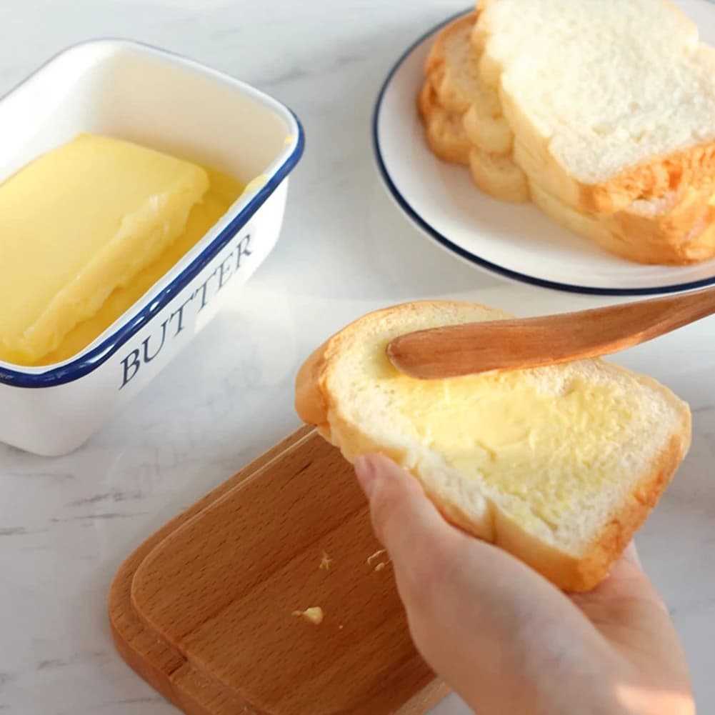 Multifunction Butter Box Nordic Style Ceiling With Wood Lid Food Dish Enamel Cheese Storage Tray Plate Container For Kitchen Too