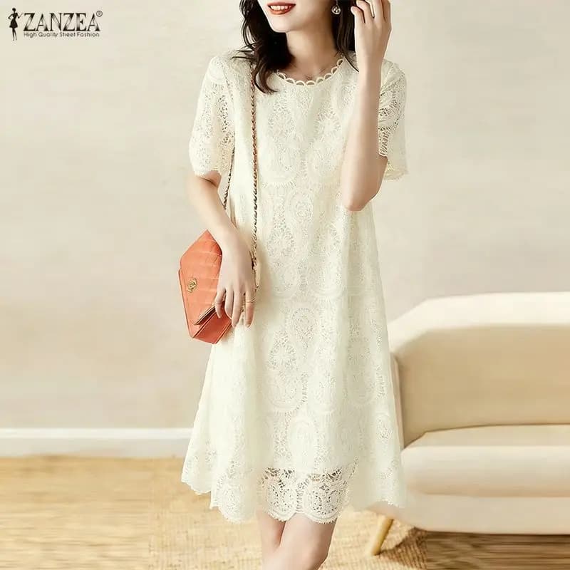 ZANZEA 2026 Women's Summer Dress with Lace and Embroidery, Short Sleeve Dress Court for Holidays, Tinta Unita, Ginocchio Length