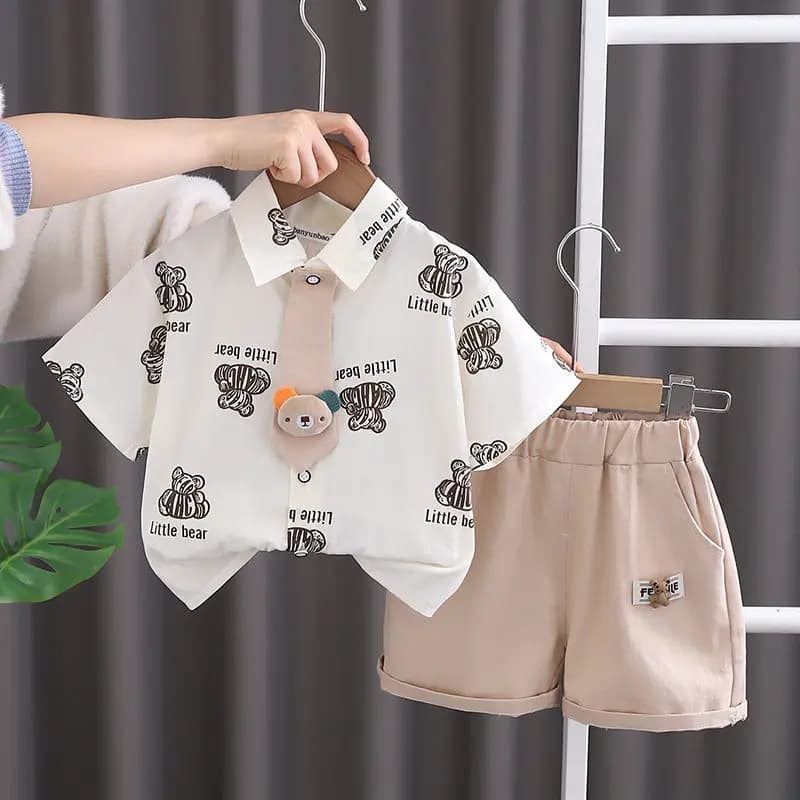 Vestiti per bambini Primavera Cartoon Bambini Ragazzo Manica corta Stampa completa Orso Camicie Pantaloni 2 pezzi / set Cravatta Moda per bambini Tute per bambini