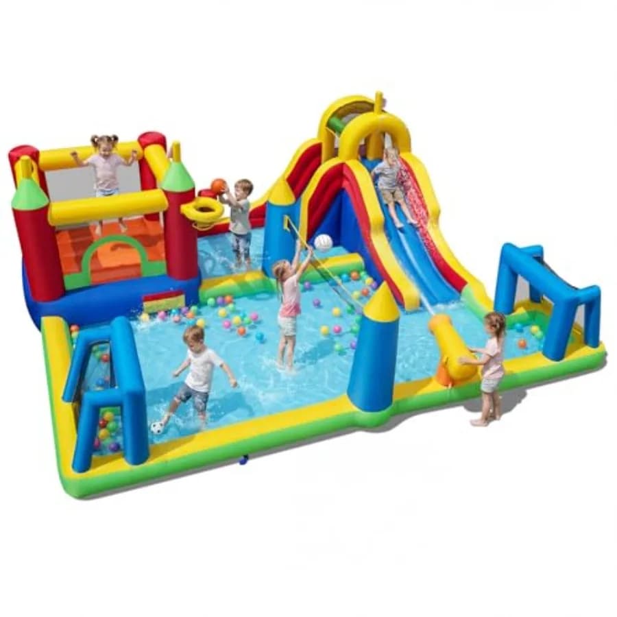 Scivolo acquatico gonfiabile per feste in giardino, combinazione con area calcio/pallavolo/basket, piscina gigante 9-in-1 per esterni