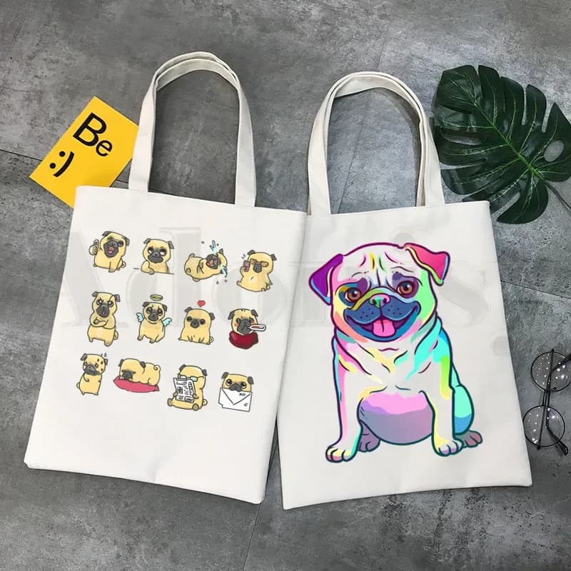 Dog Pet Pug Life Cartoon Print Funny Harajuku Handbags Shoulder Bags Shopping Casual Girls Bag Women Elegant Canvas Bag