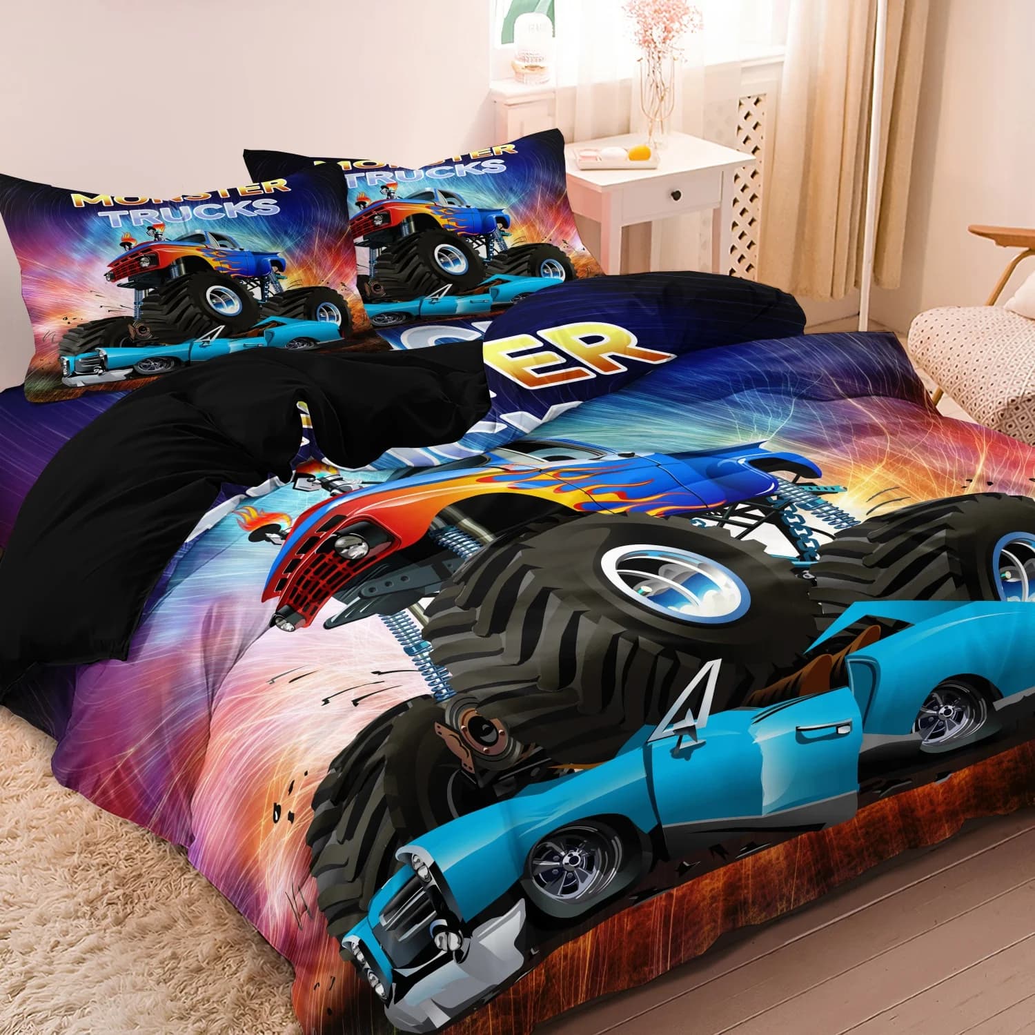 Set di 3 Pezzi Copripiumino con Stampa Monster Truck, Set di Biancheria da Letto con Stampa Digitale Racing, per Casa, Camera da Letto, Dormitorio e Hotel