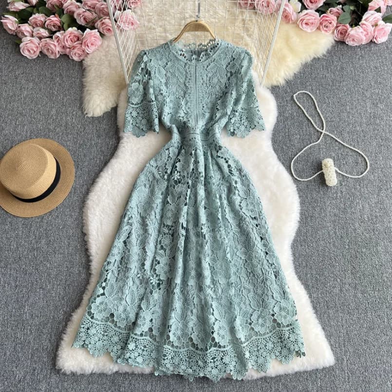 Abito longuette lungo in pizzo da donna Retro elegante con gancio cavo in pizzo all'uncinetto Slim A-line Prom Party Club Wedding 2025 Primavera w35