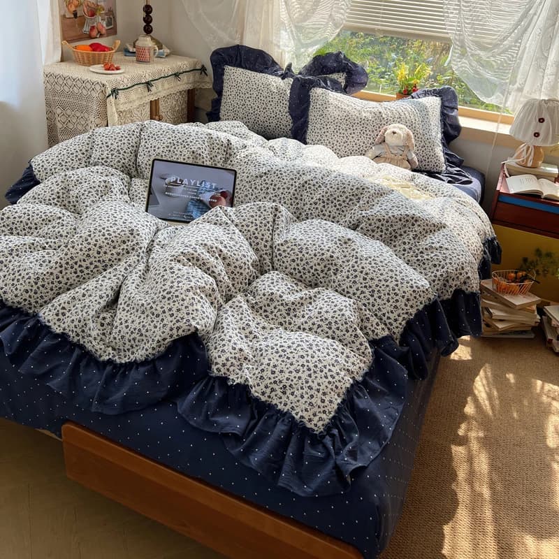 3/4Pcs Korean Princess Style Small Floral Ruffles Bedding Set Single Queen King Size Duvet Cover Set Bed Sheet Pillowcases