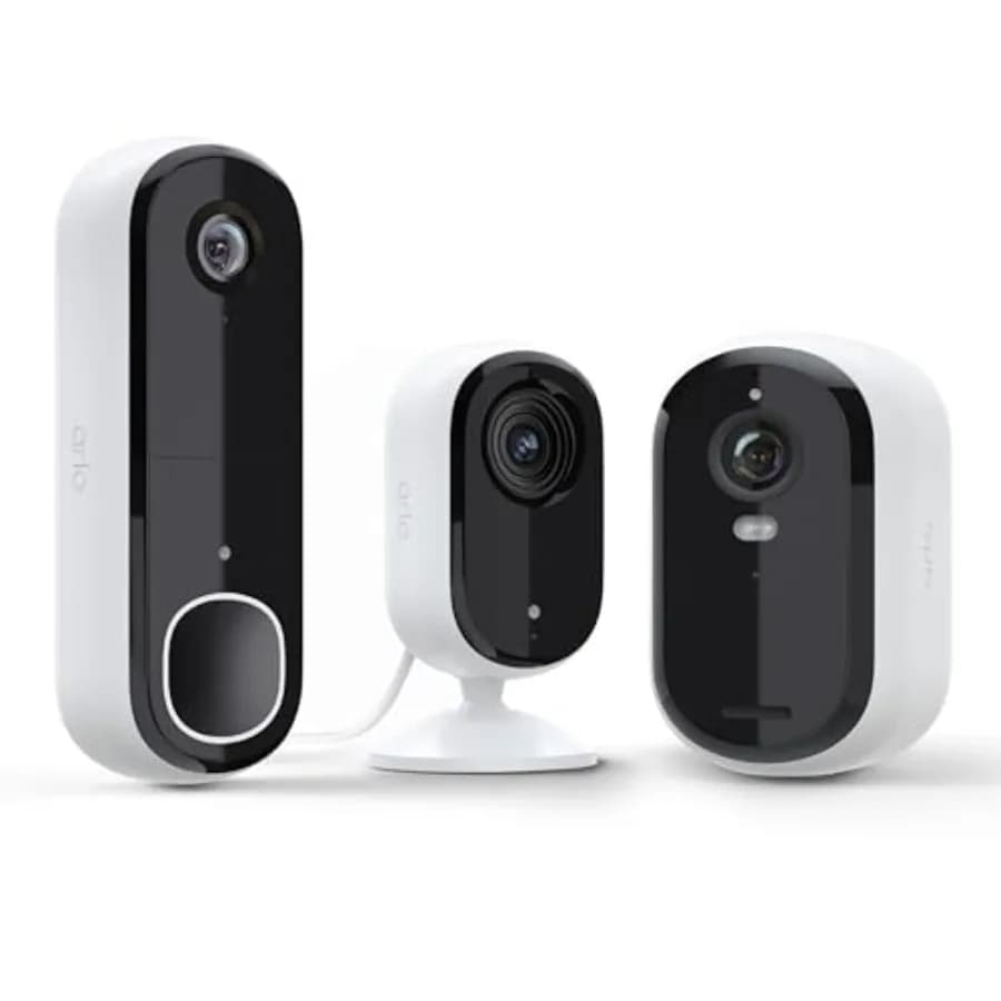 Essential Whole Home Security Bundle Outdoor, Indoor, Video Doorbell Camera 2K Resolution 2nd Gen White Weatherproof Night Visi