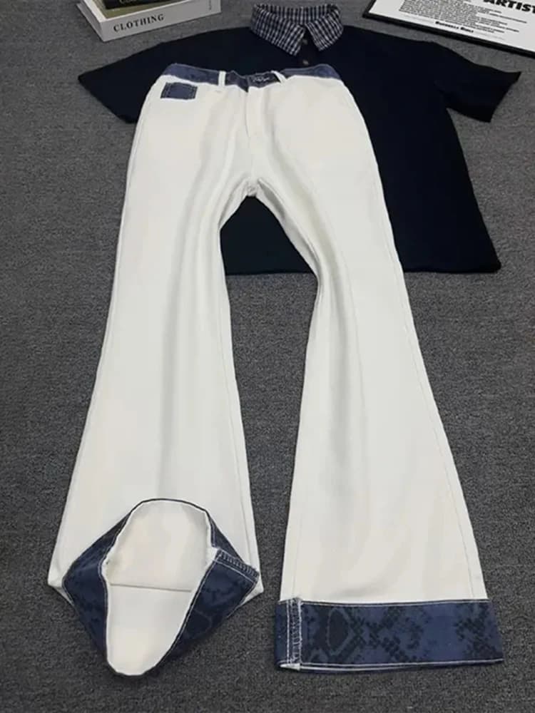 Cleanfit Snake Print Patchwork White Jeans Men's Color Blo Cuffed Pants American High Street Vibe Micro Flared Trousers