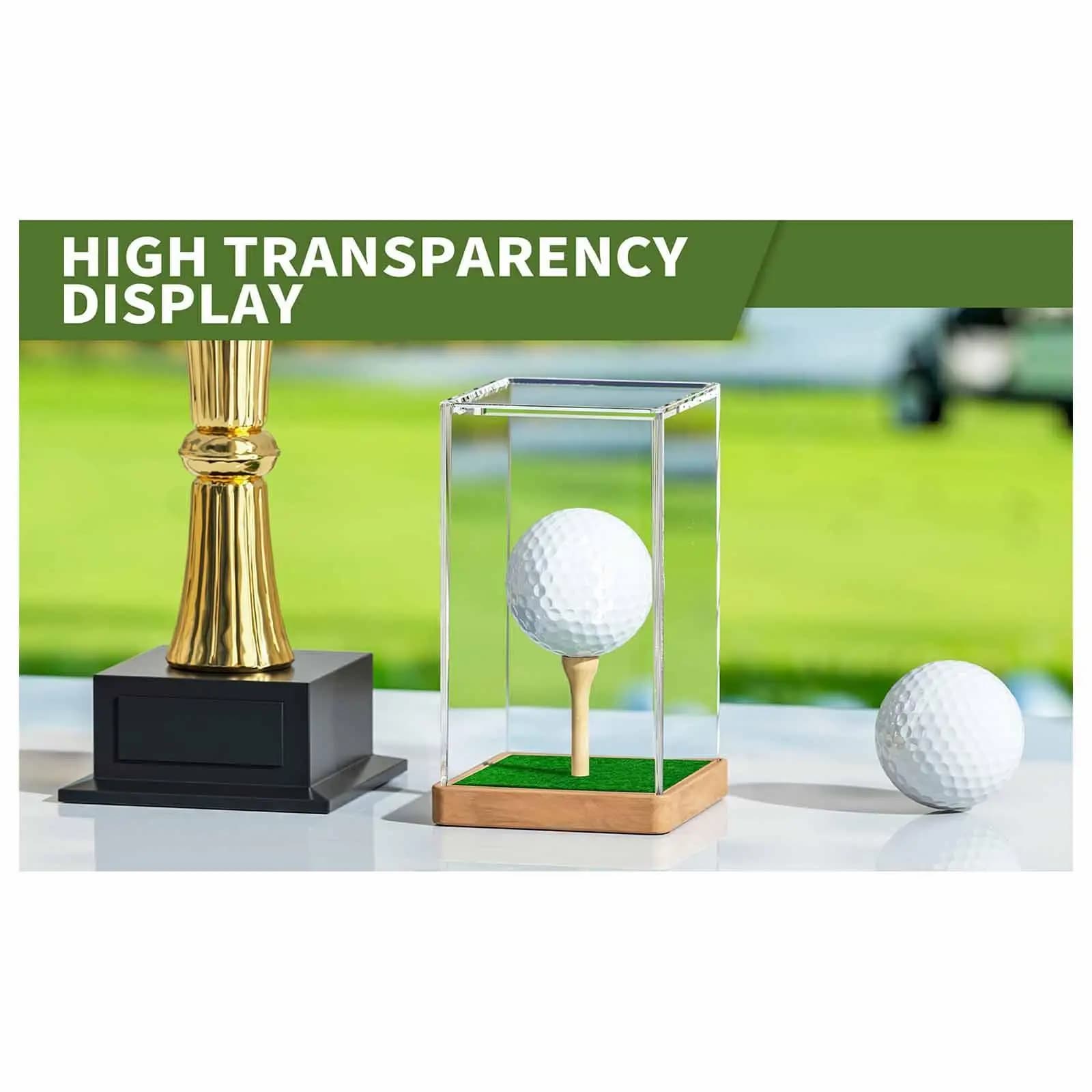 Supporto trasparente per vetrina per palline da golf con scatola portaoggetti con base in legno Copertura protettiva per golf per gioielli Auricolari Pallina da golf souvenir
