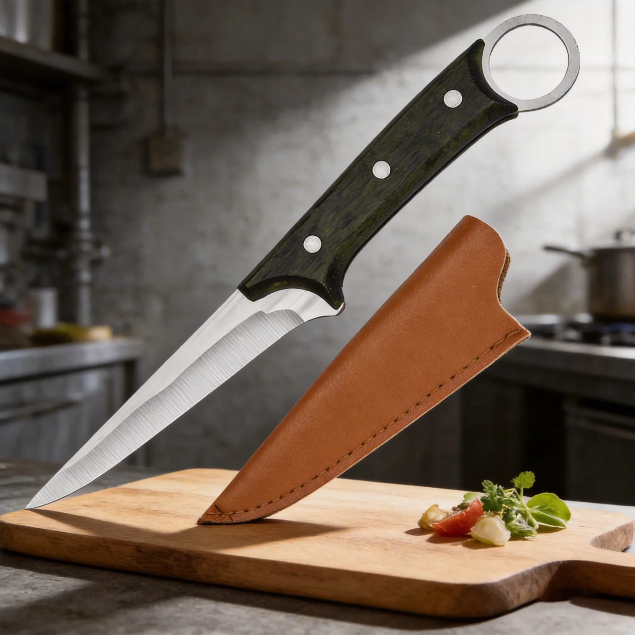 Hand-forged boneless knife with leather sheath suitable for multi-functional kitchen wooden handle for cutting a practical knife