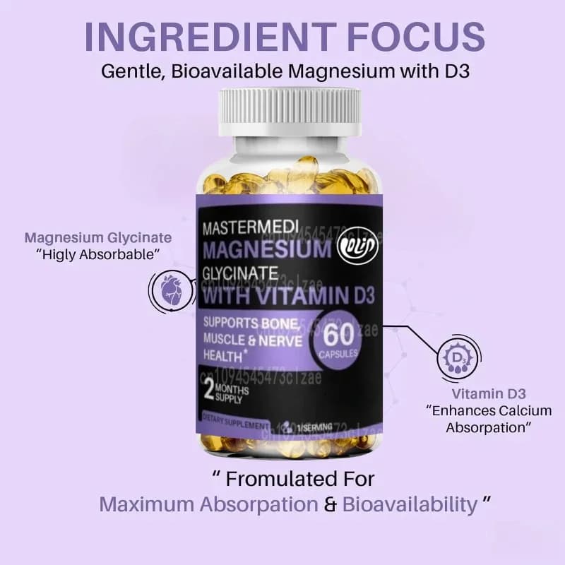 60 capsule magnesium glycinate supplement with 100 mg vitamin D3 to serve Supports bone and muscle health