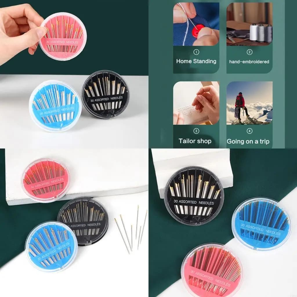 Set 30 aghi da cucito fatti a mano in lega con organizzatori dischi sicuri per cuciture nelle riparazioni arte tessile