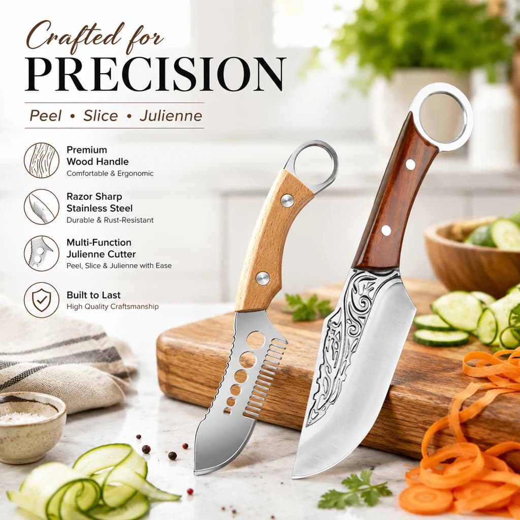 WXCOO Stainless Steel Onion Slicer Multifunctional Fish Scale Herb Parsley Cutter Fruit Paring Kitchen Knife with Wooden Handle