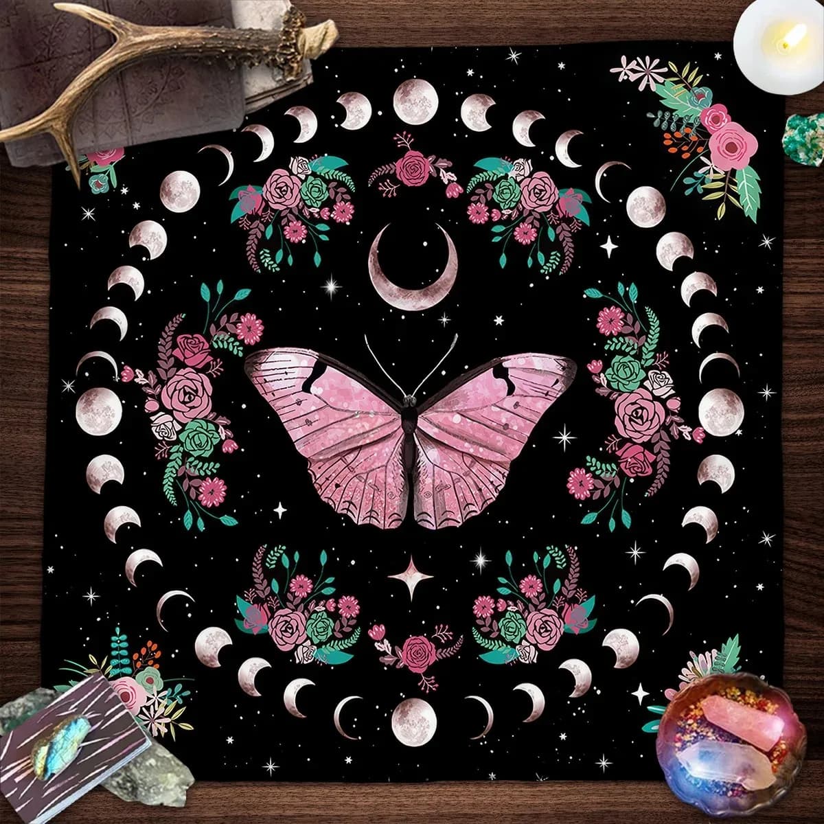 Tovaglia per Tarocchi con Farfalle Rosa e Fasi Lunari, Panno per Altare, Stregoneria, Astrologia, Divinazione, Decorazione per la Casa