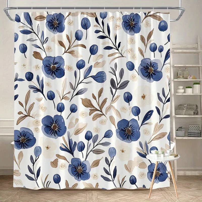 1 tenda da doccia con motivo floreale blu navy, tessuto in poliestere, lavabile in lavatrice, con ganci, adatta per l'arredamento del bagno.