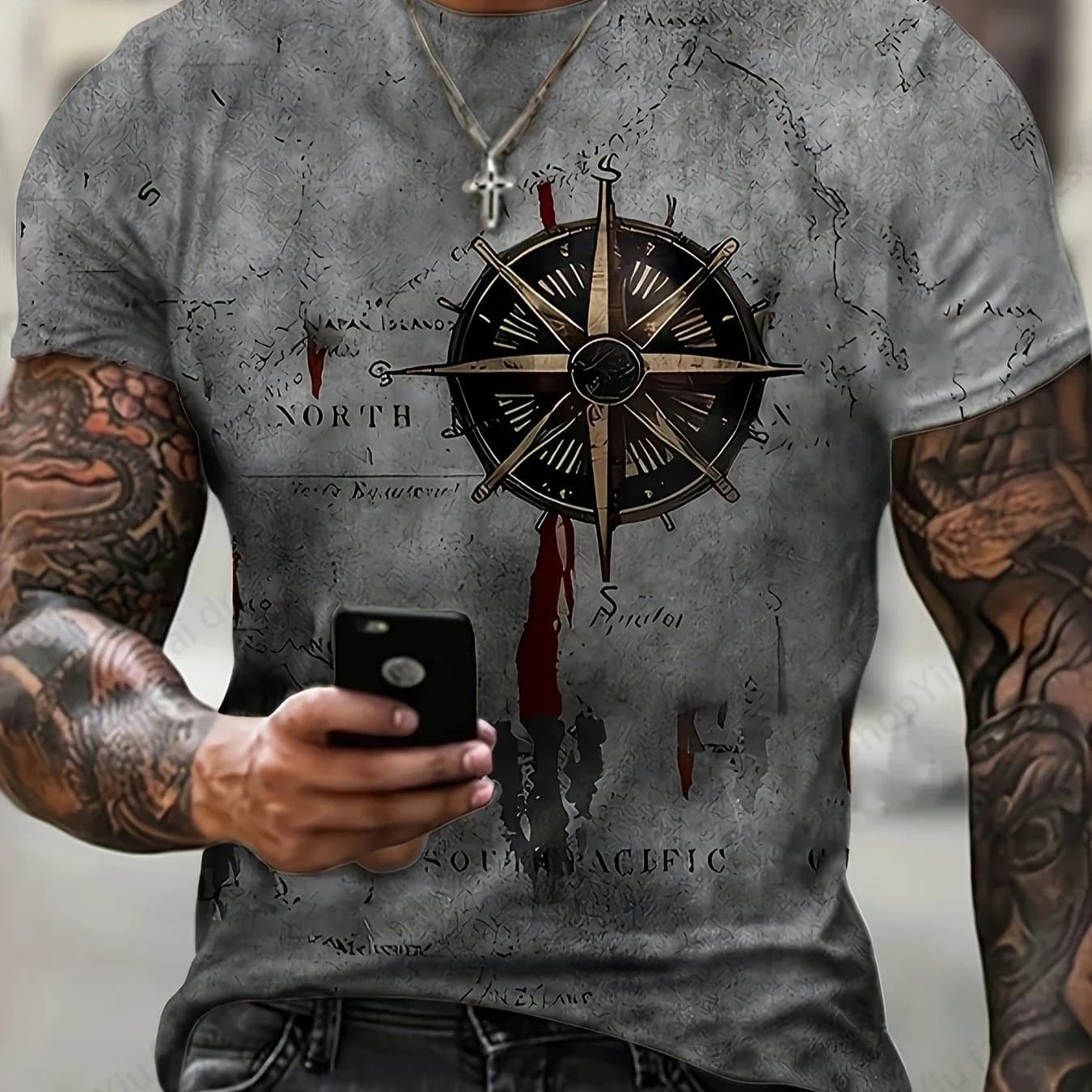 T-shirt da uomo con stampa 3D vintage a forma di bussola, t-shirt da uomo alla moda, hip hop, top, abbigliamento outdoor da uomo
