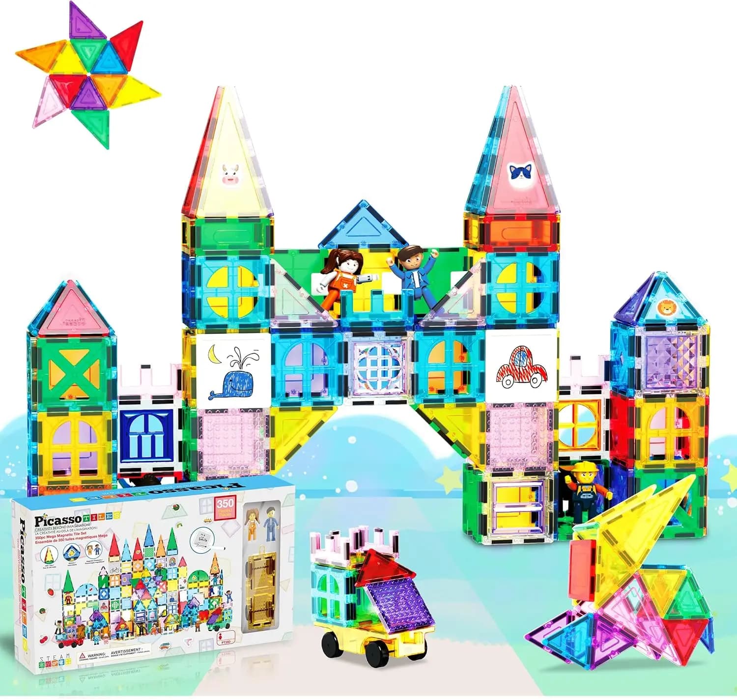 Mega Magnetic Building Block Set da 350 pezzi Blocchi magnetici per piastrelle con base per auto, figure di personaggi, pennarelli, lavagna