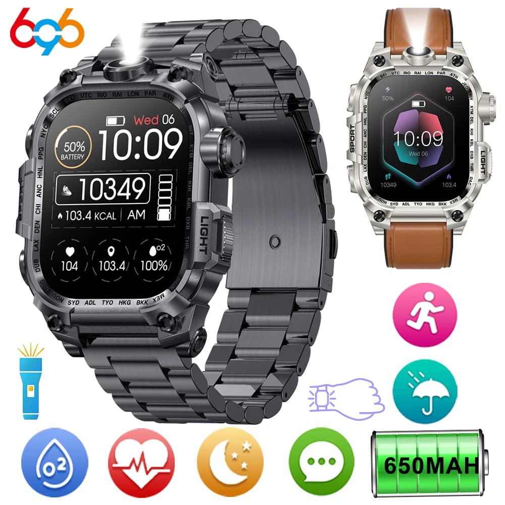 696 Sport all'aria aperta da uomo Orologi intelligenti impermeabili Donna Musica 2.01 "Dente blu Chiamata Smartwatch Torcia elettrica Monitor per la salute del sonno