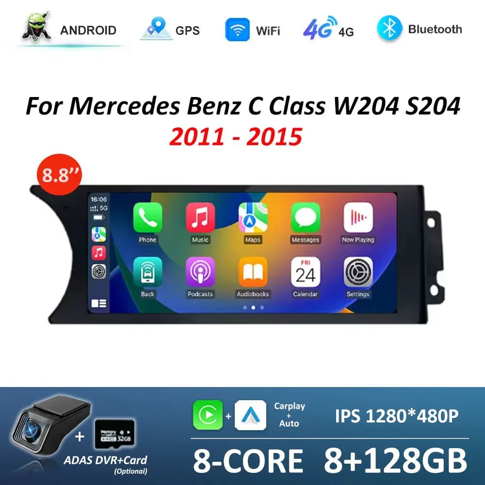 Android 16 Car GPS Navi Player 8.8" For Mercedes Benz C Class W204 S204 2011 - 2015 WIFI Carplay BT Google Car Multimedia Stereo