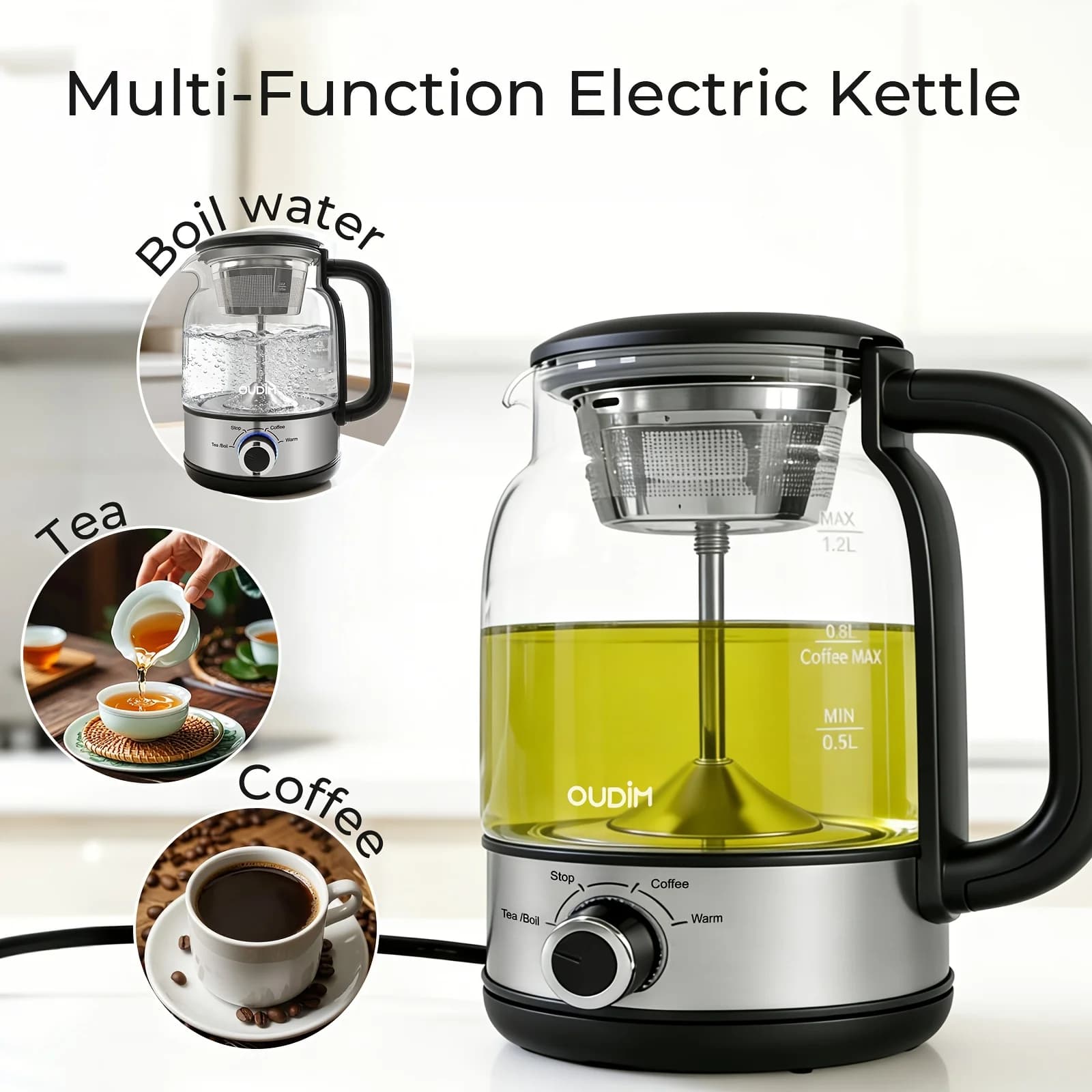Macchina per caffè elettrica da 40,58 once e infusore per tè - 600 W, bollitore in acciaio inossidabile con vetro senza BPA, borosilicato resistente al calore, acciaio inossidabile 304