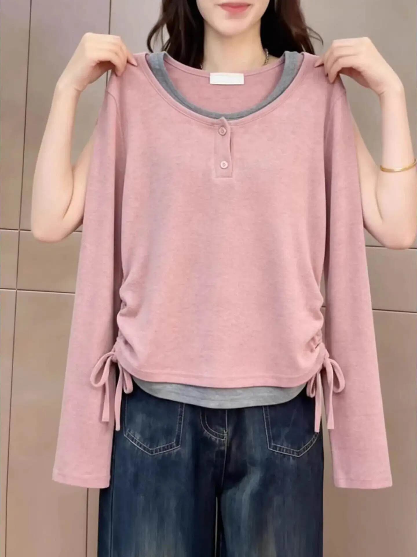 Spring 2026 Women's Slim Fit round Neck Long Sleeve T-Shirt Charming Contrast Color Drawstring Top Commute Style Creative Pat...