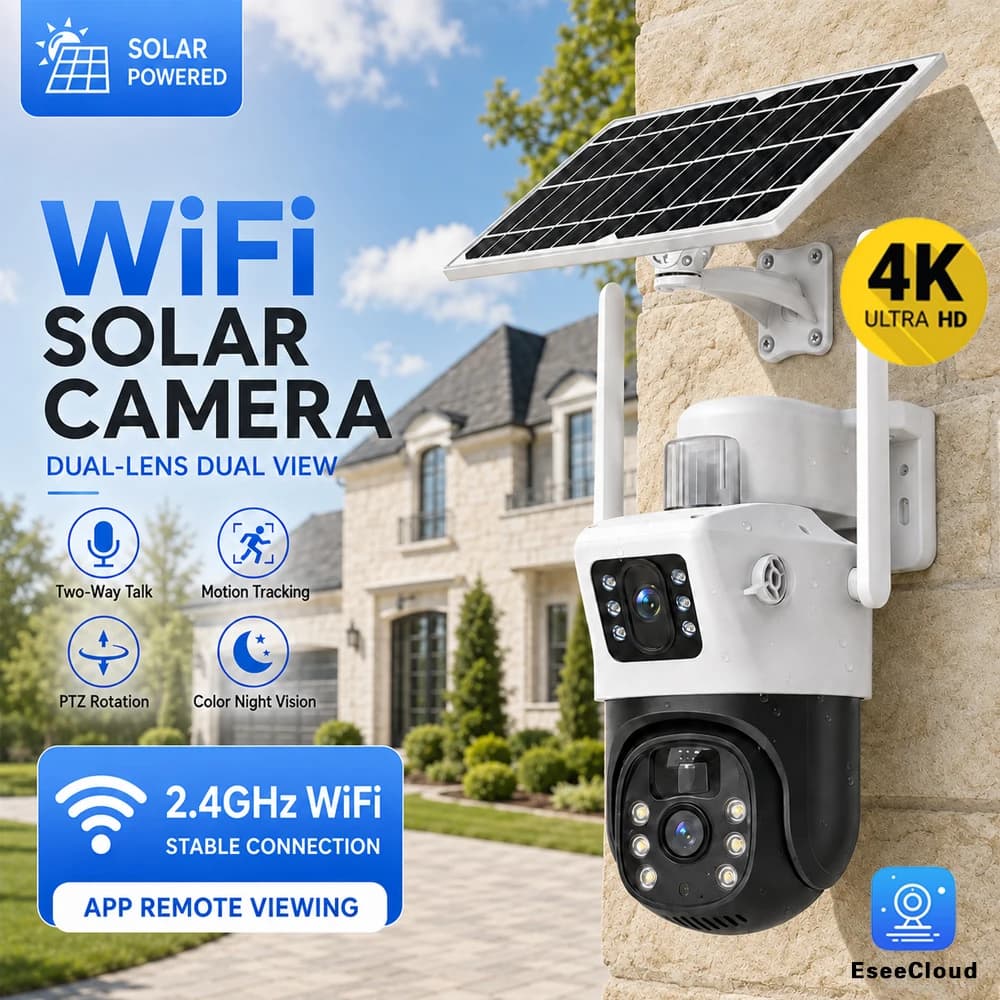 Dual Lens Dual View WiFi Solar Camera 8MP 4K Outdoor Waterproof Security Camera Solar Panel Color Night Vision PIR Motion Alert