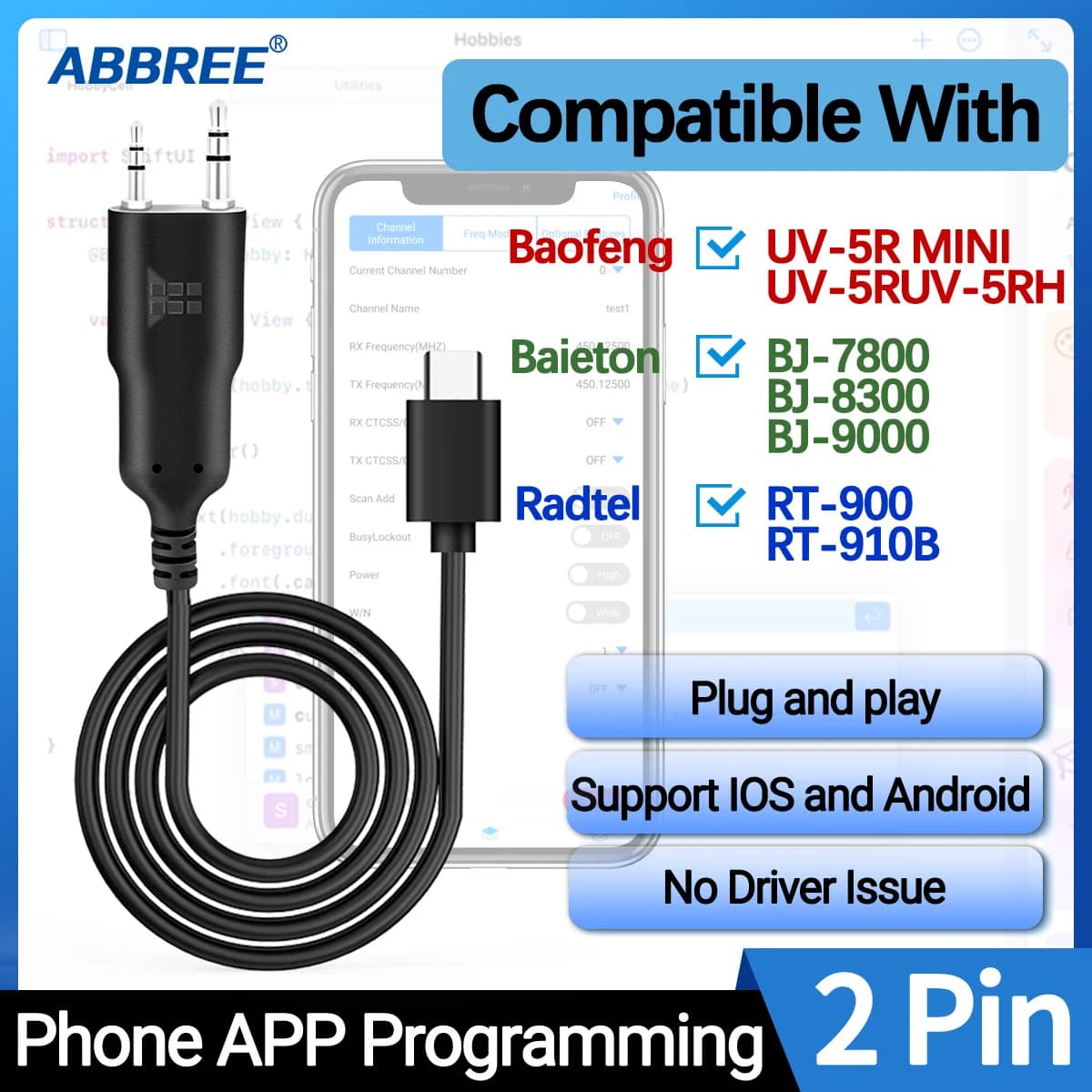 ABBREE Nuovo Cavo di Programmazione APP Del Telefono Nessun Numero di Driver Per Baofeng UV-5R MINI UV-21 PRO BAJETON BINTALK Spina A 2 Spille Walkie Talkie