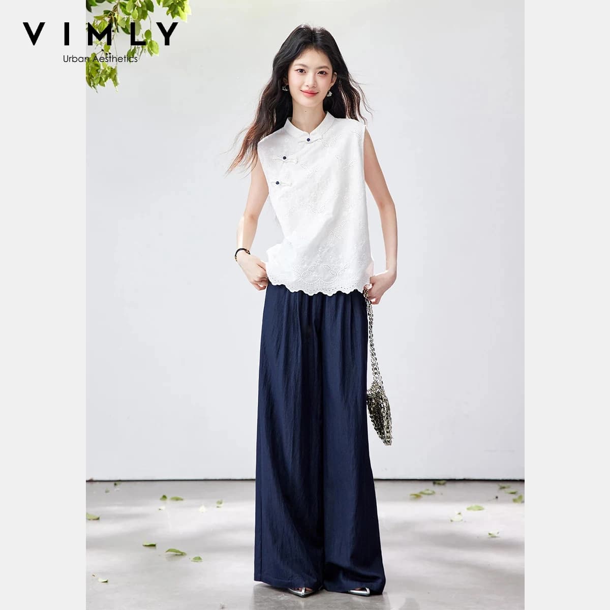 VIMLY Chinese Style Two Piece Pant Sets Women's Summer Suit Jacquard Sleeveless Top Wide Leg Baggy Pant 2026 Casual Outfit A5129