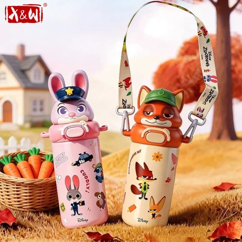 X&W Zootopia Thermos Cup Judy Nick Vacuum Flask with Creative Lid Keep Warm＆Cold Water Kettle Leak-proof Sports Cup for Student