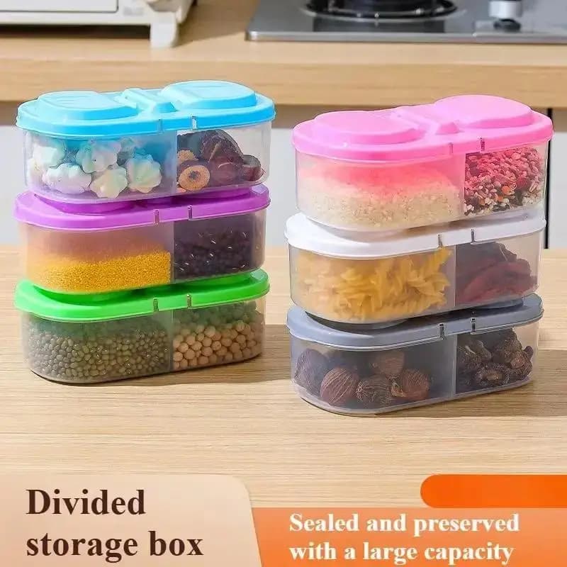 Double Compartment Food Keeper Box Airtight Plastic Storage Container For Snacks Dried Fruits Kitchen Fridge Organization