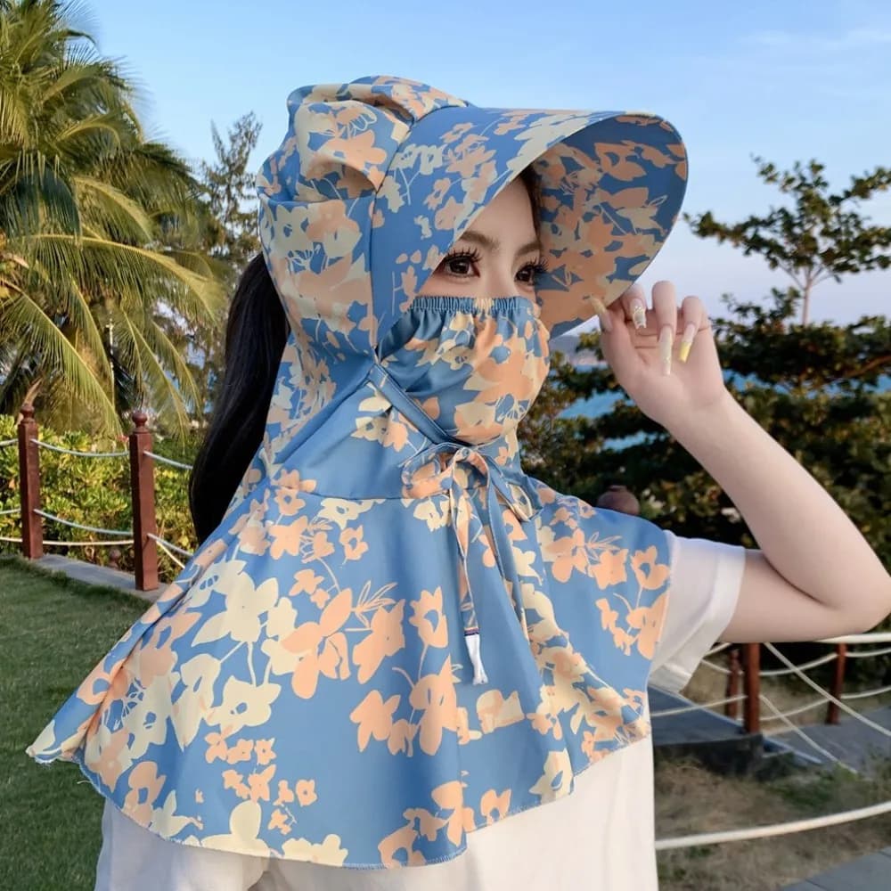 Printing Tea Picking Hat UV Protection Sun Protection Sunshade Shawl Cap Wide Brim Face Mask Neck Protection Hat Farm Work
