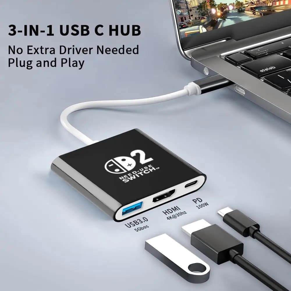 3 in 1 USB C Hub Type C to HDMI 4K with PD 100W Fast Charging USB 3.0 Docking Station for MacBook Switch Laptop Computer Phone