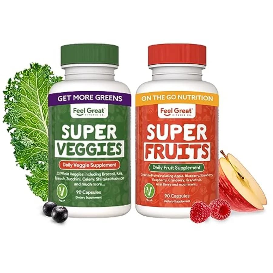 Integratori di Frutta e Verdura Feel Great, 20+ Super Rossi e Verdi per Supporto Energetico Naturale, Vitamine Vegane di Frutta e Verdura