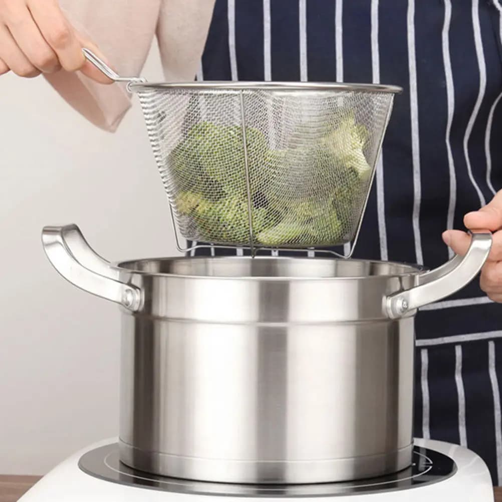 Cestino Pieghevole per Frittura, Resistente al Calore, con Manico Pieghevole, Contenitore a Rete per Patatine, Verdure, Carni, Cestino Portatile per Snack
