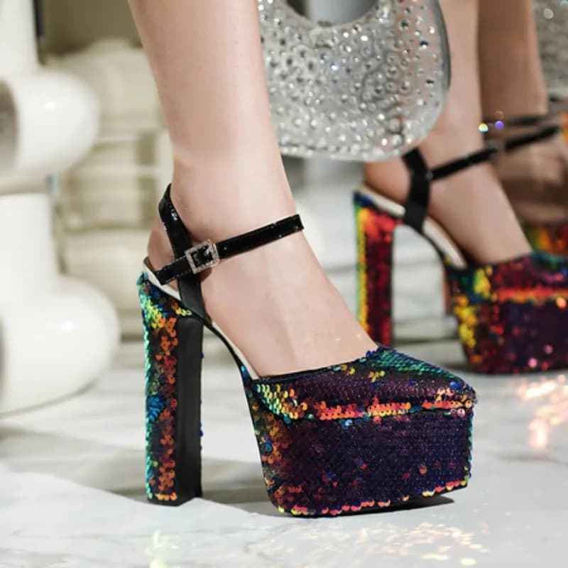 Top sandals with women's plateau 15.5 cm/6 inches summer model shows heels with sequins Europe and America party disco large shoes