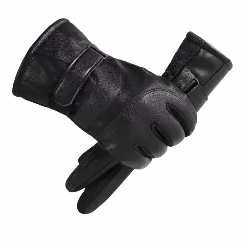 Faux Leather Winter Men Gloves Thick Fleece Lined Windproof Motorcycle Gloves Waterproof Adjustable Cuff Strap Driving Gloves