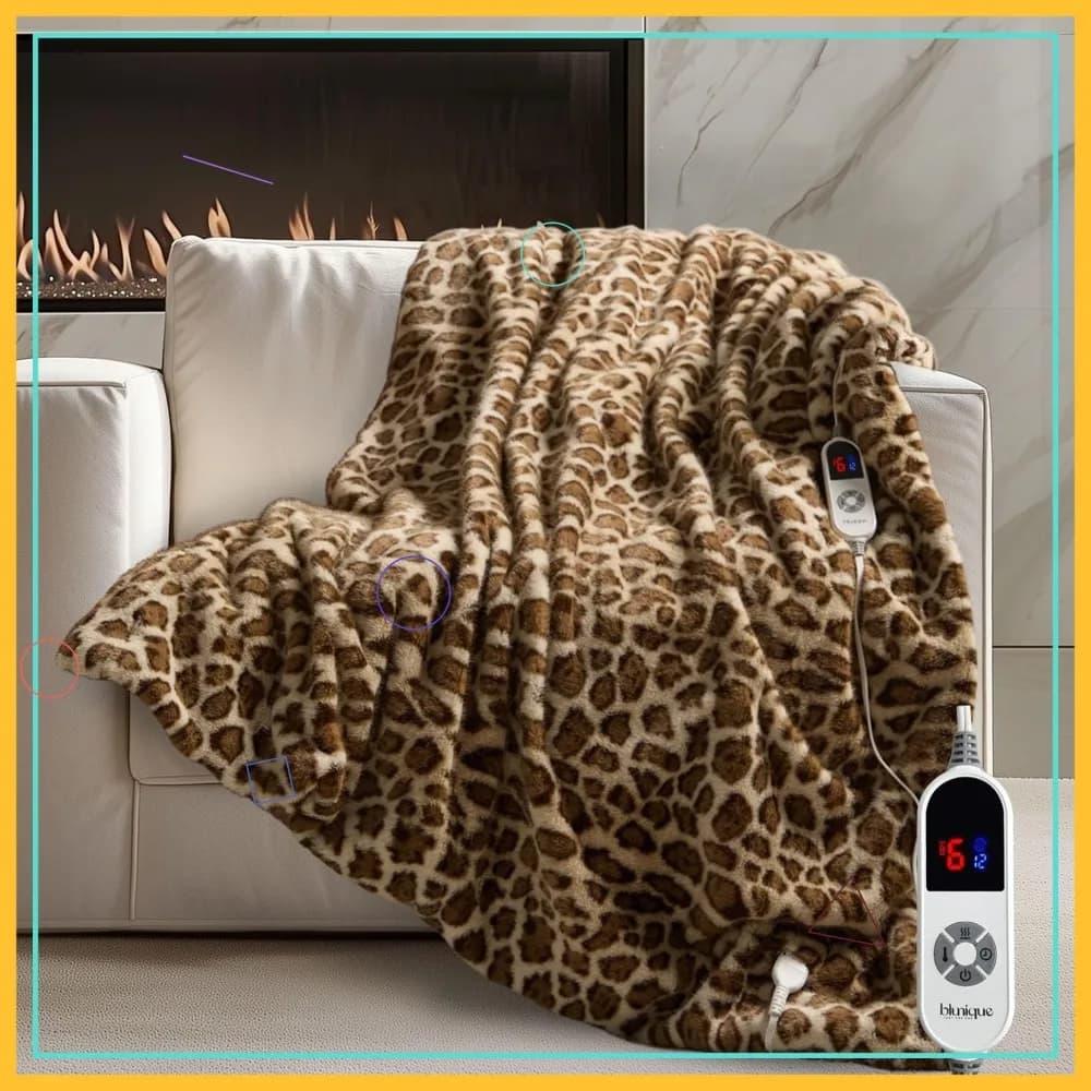 Coperta Riscaldata in Finta Pelliccia di Lusso, Stampa Leopardata, 6 Livelli di Riscaldamento e Spegnimento Automatico, Lavabile, 50''x60'', Certificata ETL