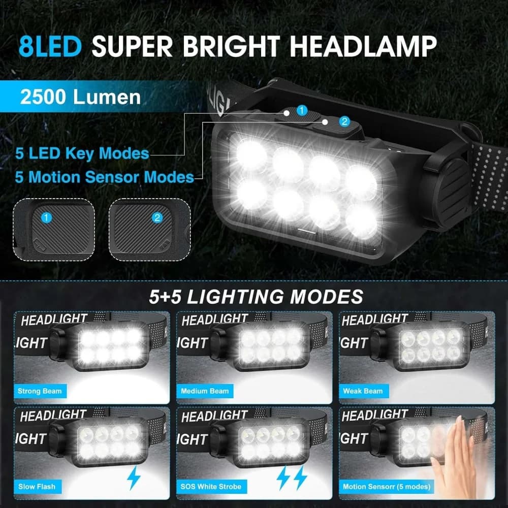 Torcia frontale ricaricabile con sensore di movimento 8 LED Fari ultra luminosi Lampada frontale da pesca Torce per lampada frontale a LED