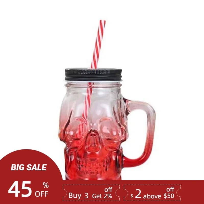 Tazza in vetro con teschio creativo da 480 ml con coperchio Barattolo di vetro Succo di latte Tazza da cocktail Strumenti per bicchieri per feste da bar