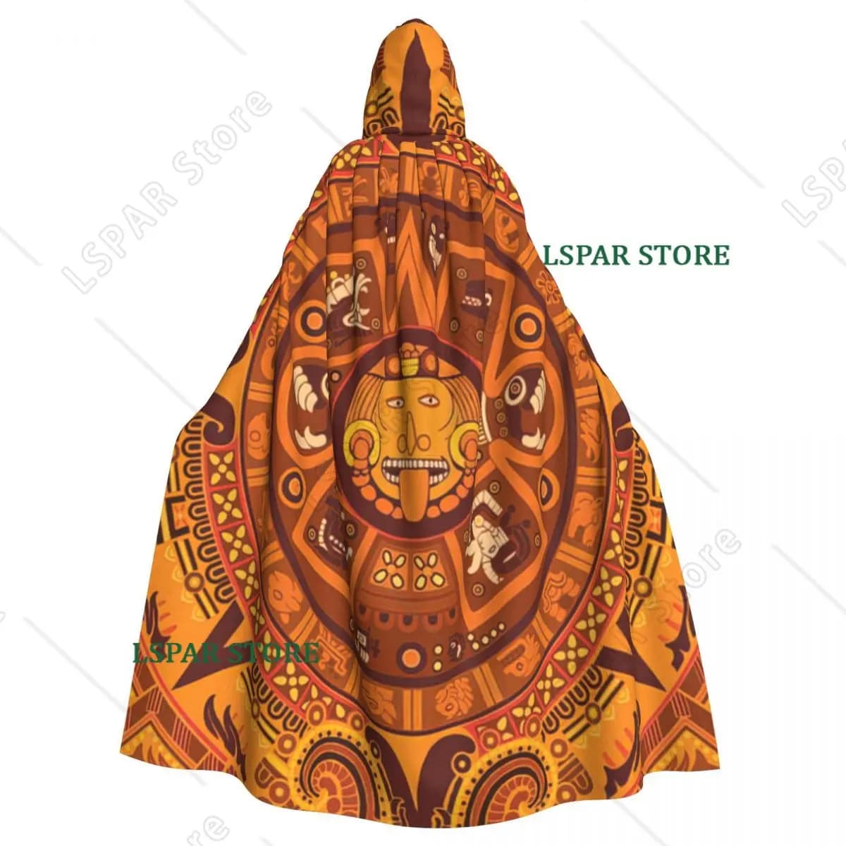 Aztec Calendar In New Orange Hooded Cloak Halloween Party Cosplay Woman Men Adult Long Witchcraft Robe Hood