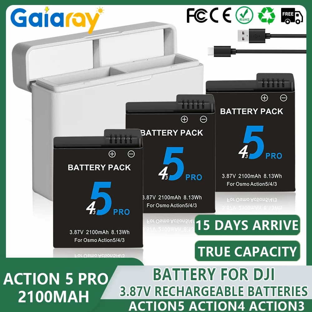 Batterie ricaricabili da 2100 mAh per DJI Osmo Action 4 5 Pro Action 3 Action 4 batterie per fotocamera e caricabatterie rapido a 2 slot